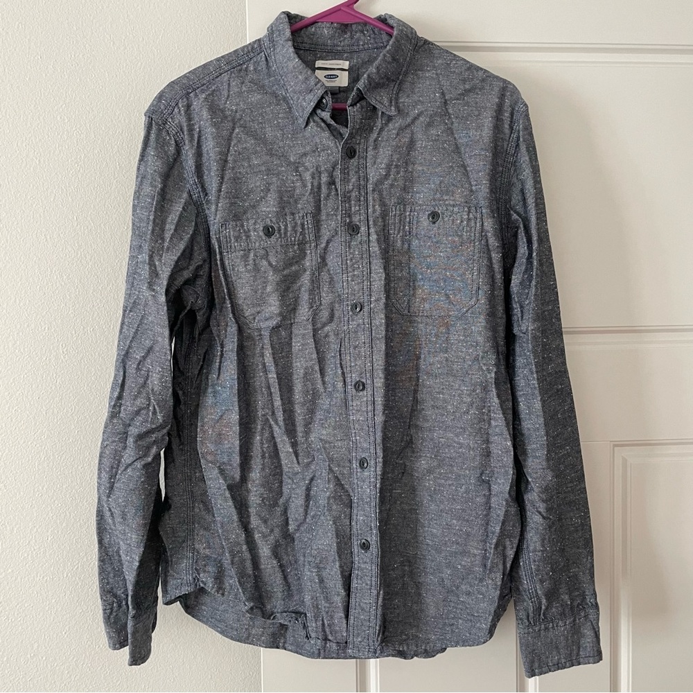 Men’s Casual Chambray Button Down Shirt, Slim Fit Blue Collared Shirt Size Large